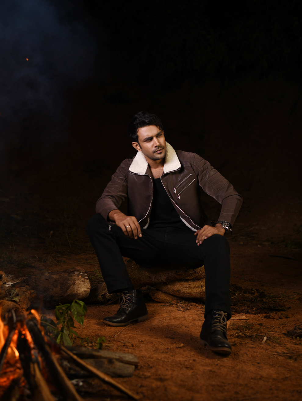 Men’s Stylish PU Leather Jacket with Warm White Sherpa Collar (PJK-004)