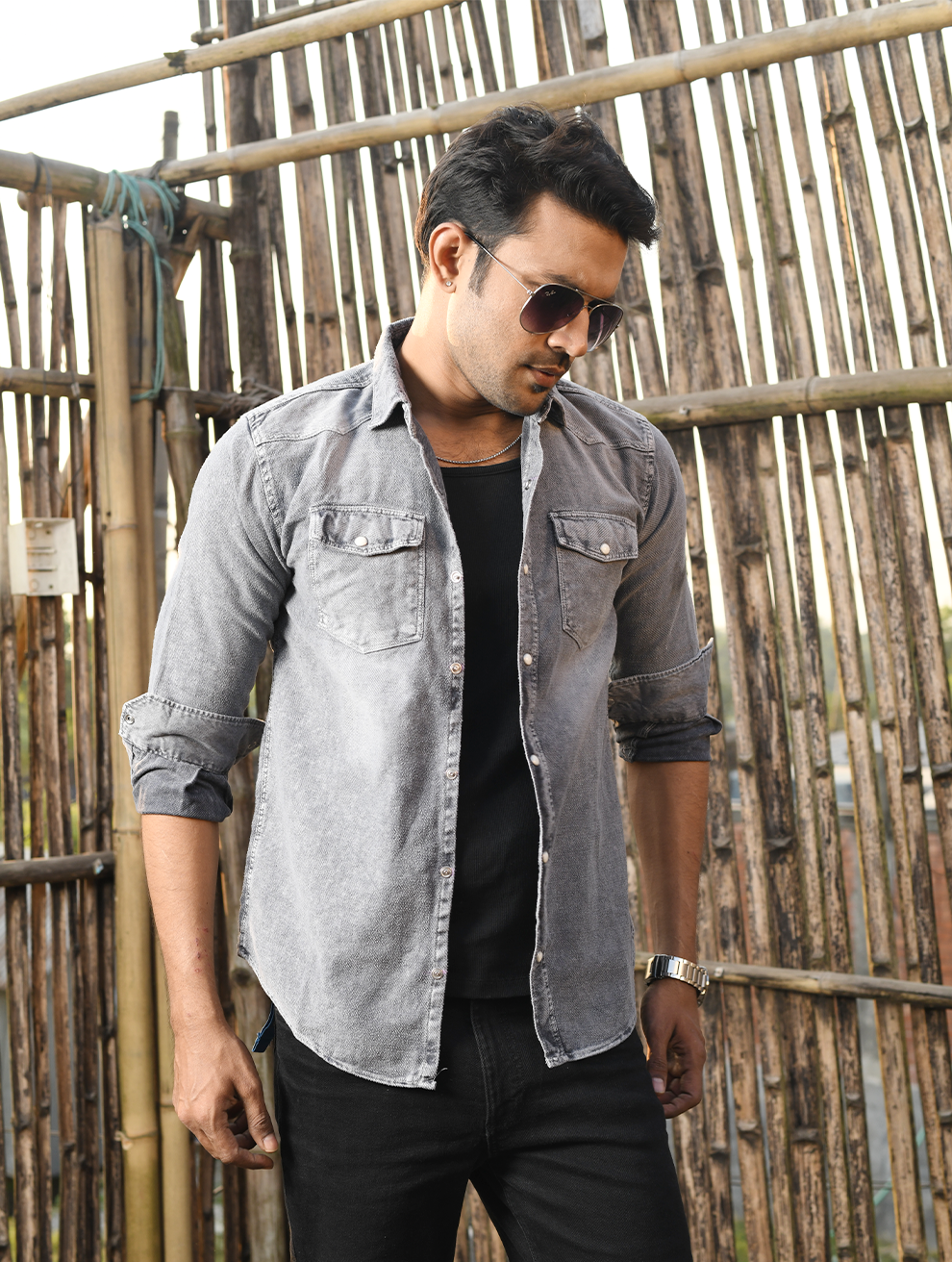 Men’s Luxe Washed Grey Soft-Denim Shirt (WS-006)