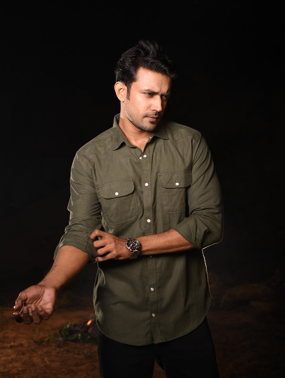 Olive Green Urban Utility Cotton-Blend Men’s Shirt (WS-002)