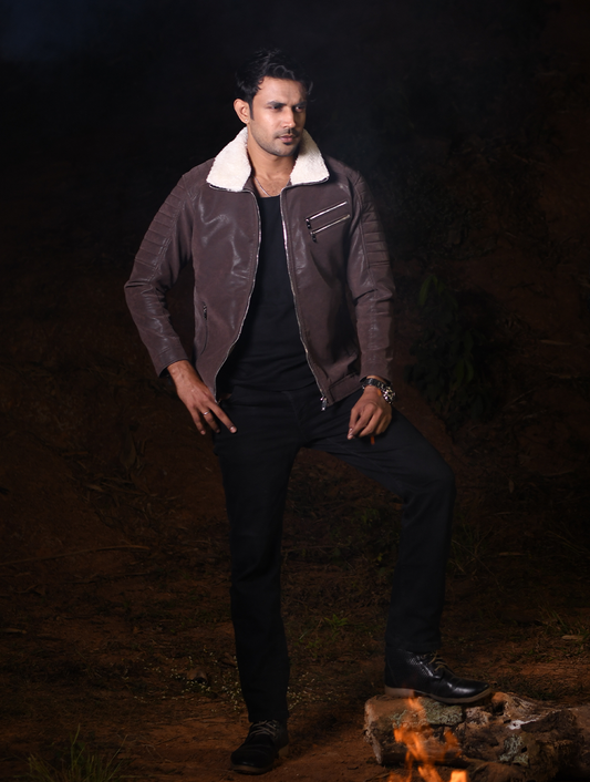Men’s Stylish PU Leather Jacket with Warm White Sherpa Collar (PJK-004)
