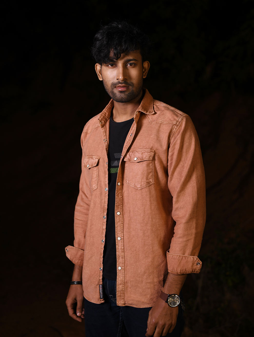 Men’s Premium Tan Soft-Denim Overshirt – Dual Chest Pockets (WS-005)