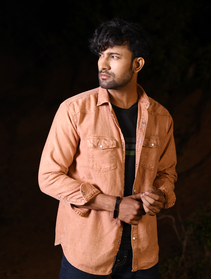 Men’s Premium Tan Soft-Denim Overshirt – Dual Chest Pockets (WS-005)