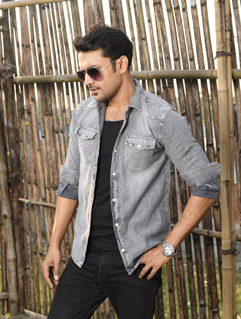 Men’s Luxe Washed Grey Soft-Denim Shirt (WS-006)