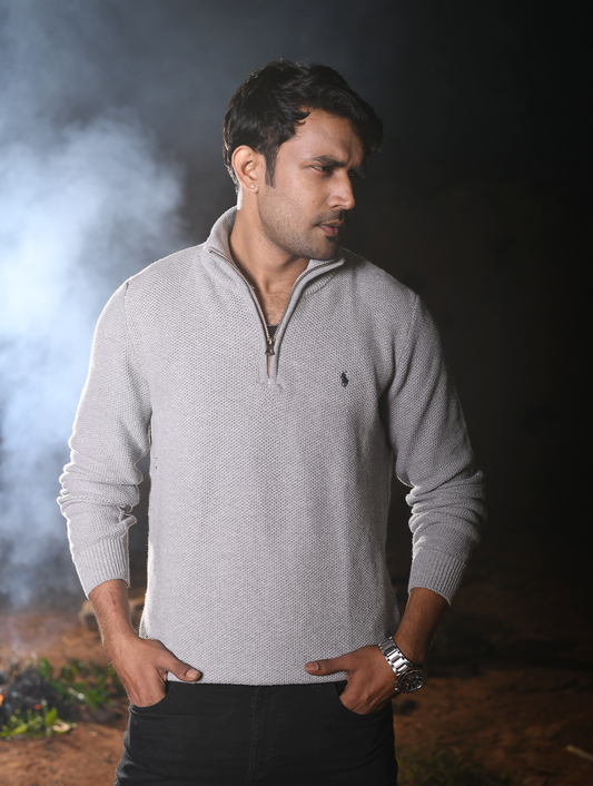 Men’s Premium Half-Zip Knit Sweater – Light Grey (ZS-001)