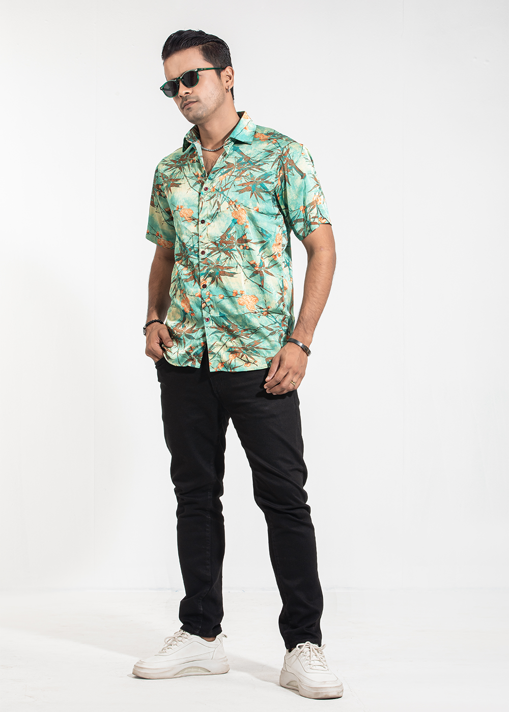 Vibrant Green Floral Half-Sleeve Casual Shirt