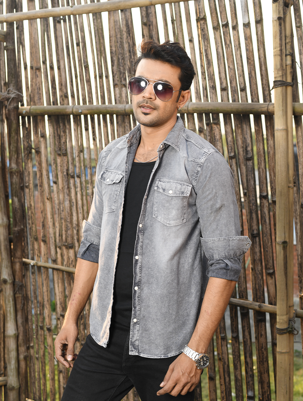 Men’s Luxe Washed Grey Soft-Denim Shirt (WS-006)