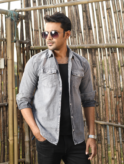 Men’s Luxe Washed Grey Soft-Denim Shirt (WS-006)