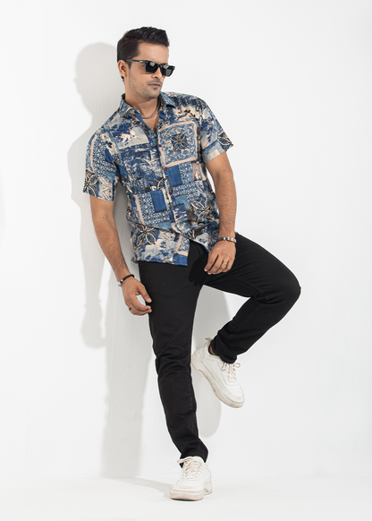 Stylish Blue Art Print Casual Shirt