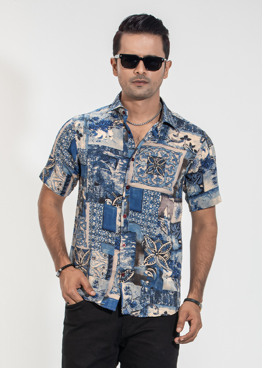 Stylish Blue Art Print Casual Shirt