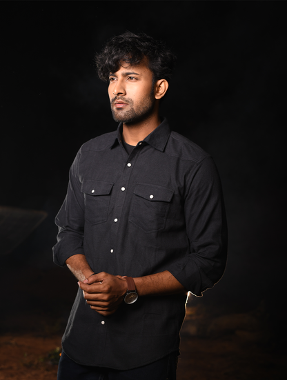 Men’s Classic Black Button-Down Casual Shirt (WS-007)