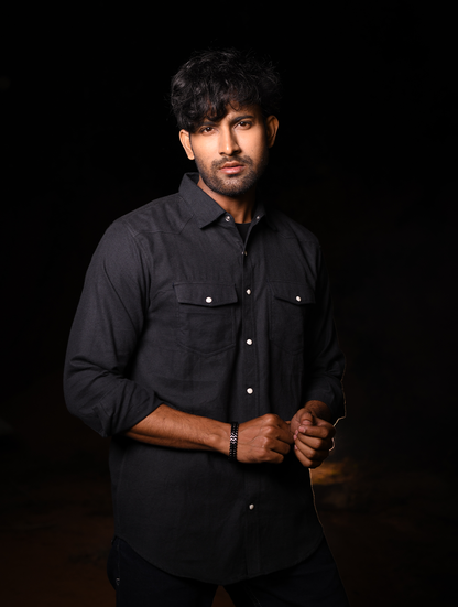 Men’s Classic Black Button-Down Casual Shirt (WS-007)