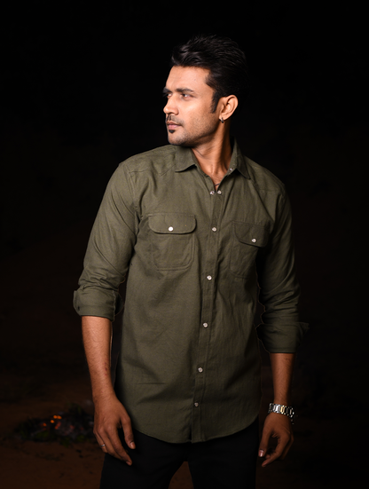 Olive Green Urban Utility Cotton-Blend Men’s Shirt (WS-002)