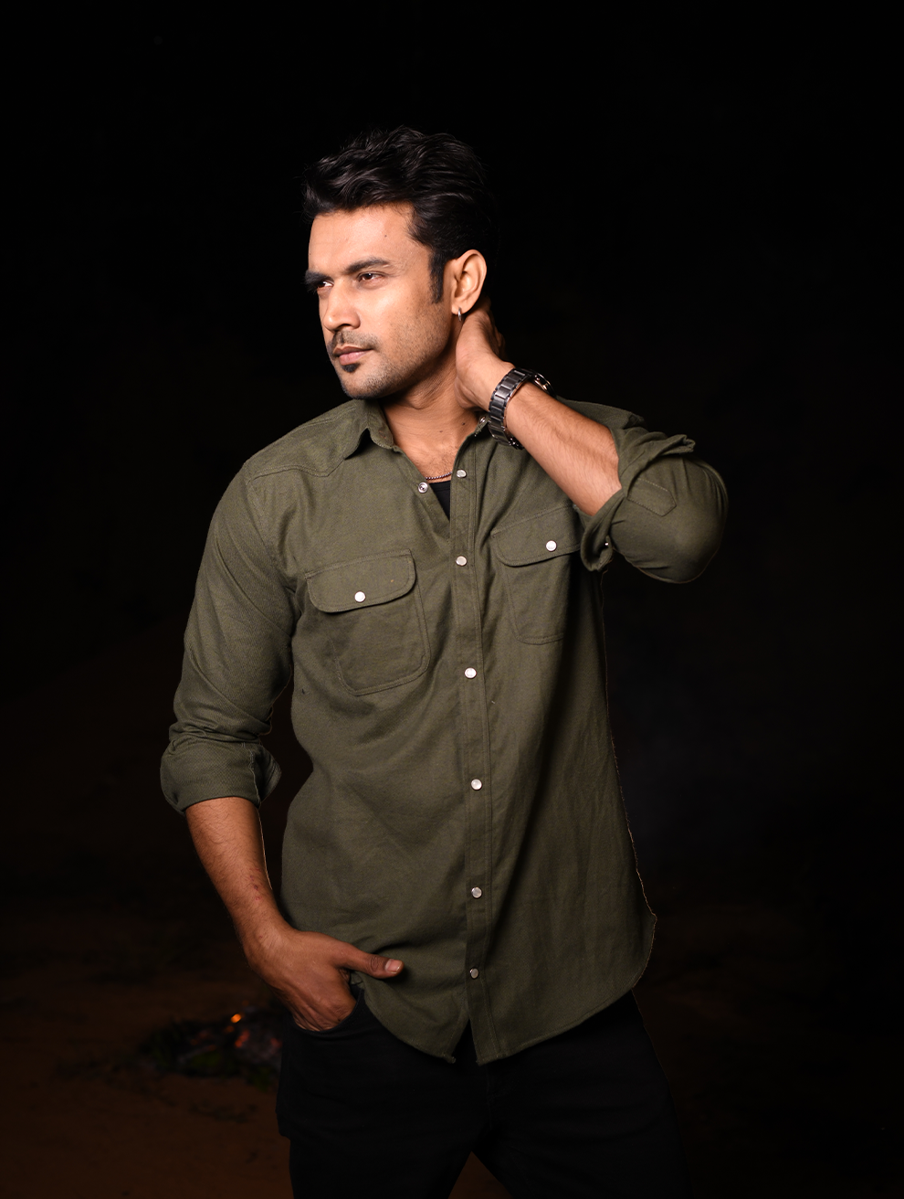 Olive Green Urban Utility Cotton-Blend Men’s Shirt (WS-002)