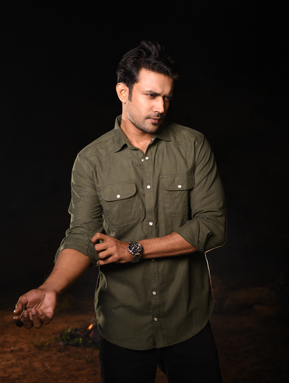 Olive Green Urban Utility Cotton-Blend Men’s Shirt (WS-002)