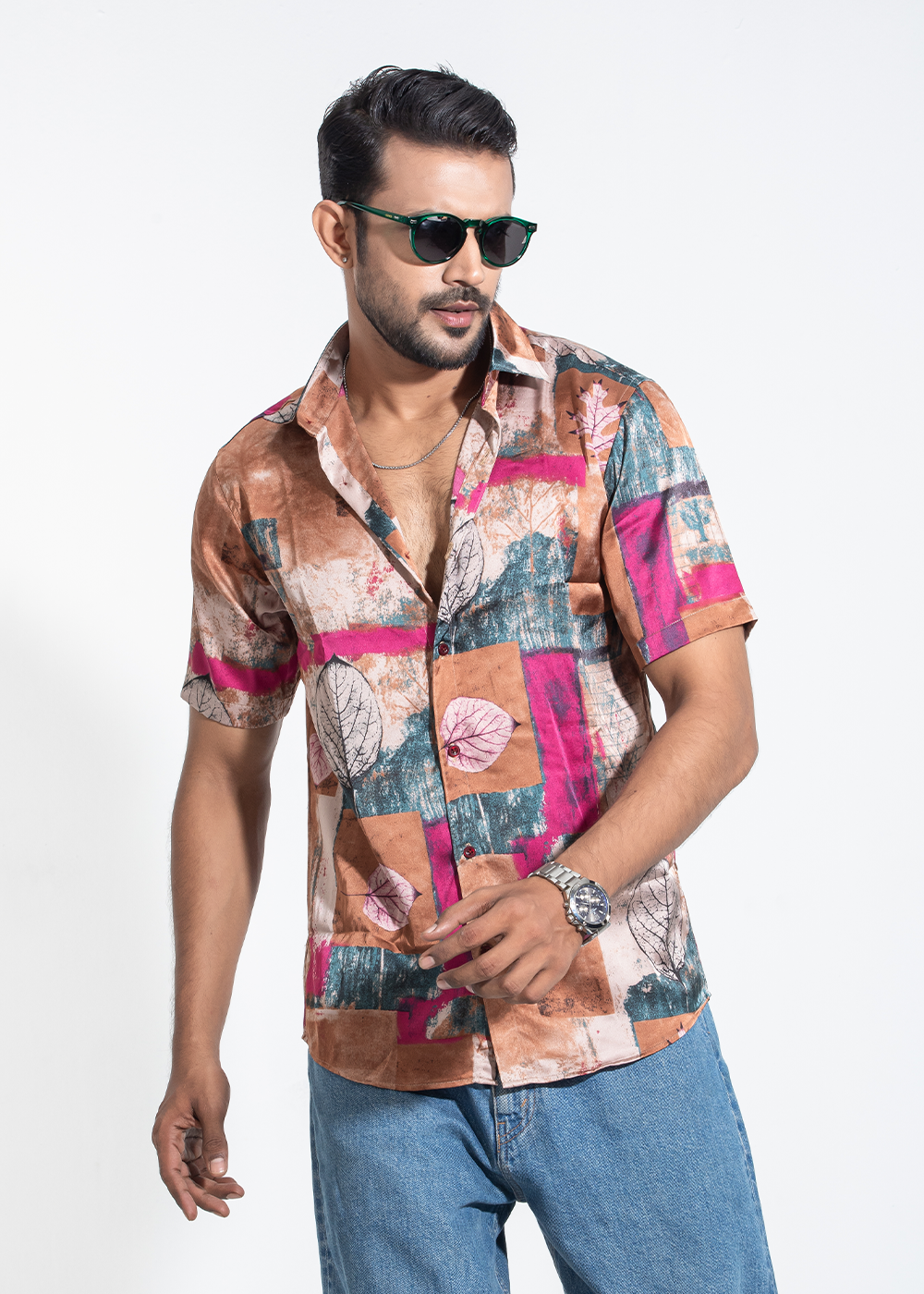 Retro Leaf Print Half-Sleeve Shirt