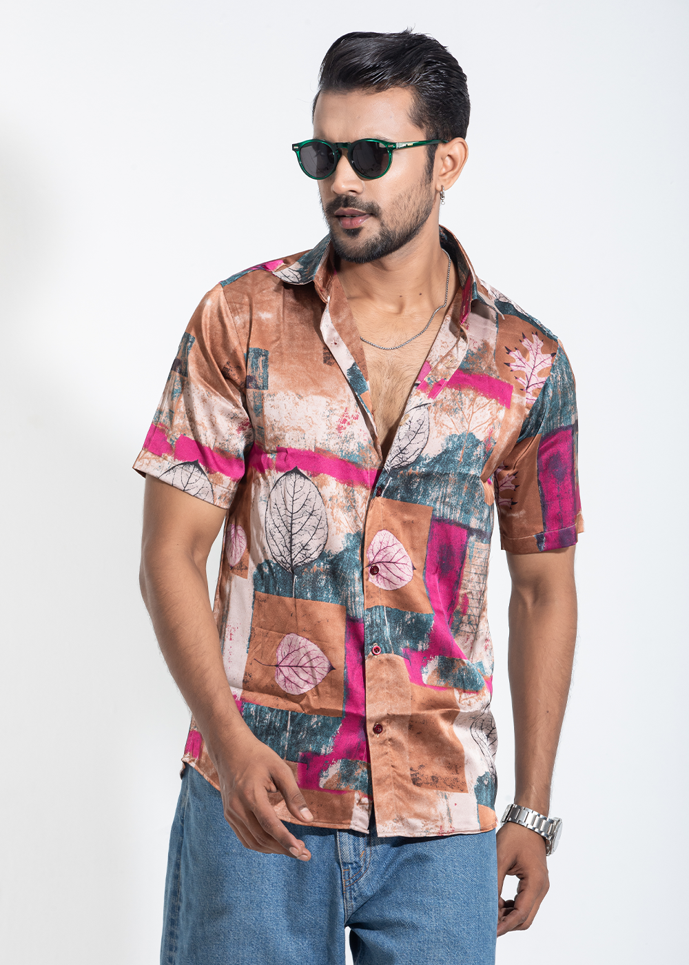 Retro Leaf Print Half-Sleeve Shirt