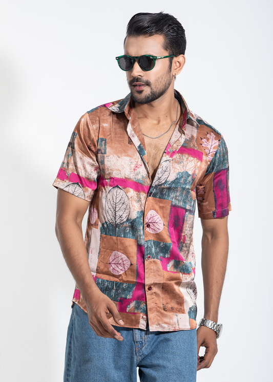 Retro Leaf Print Half-Sleeve Shirt