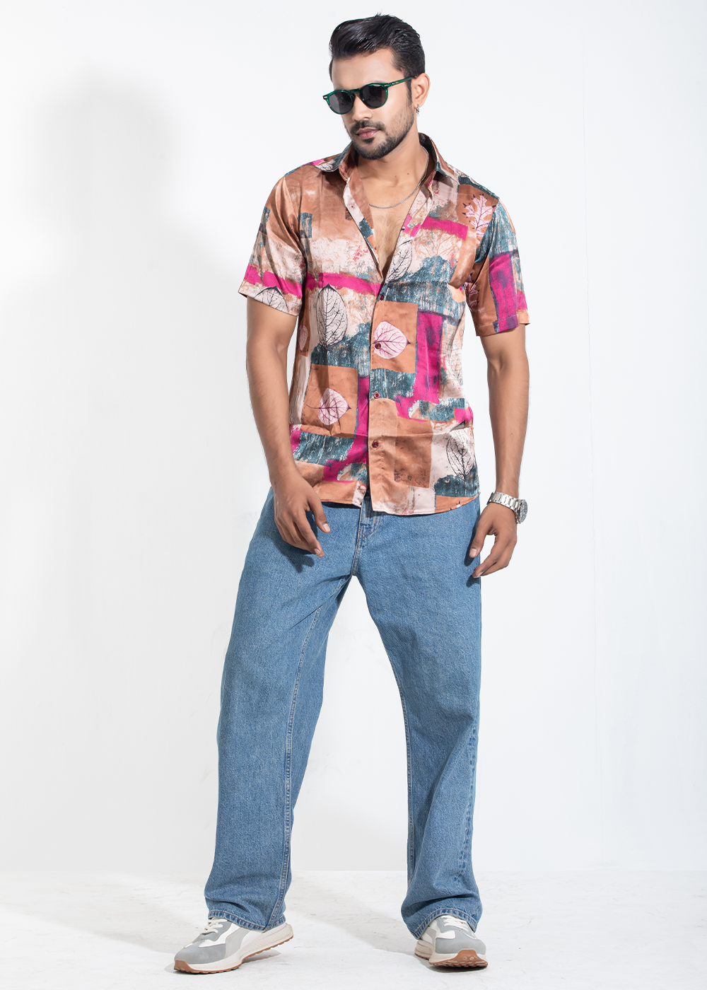 Retro Leaf Print Half-Sleeve Shirt