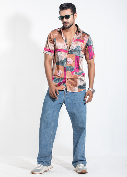 Retro Leaf Print Half-Sleeve Shirt
