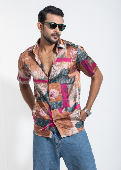 Retro Leaf Print Half-Sleeve Shirt