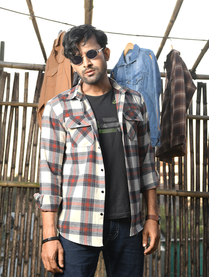 Men’s Cream, Grey & Rust Check Flannel Shirt (WFS-002)