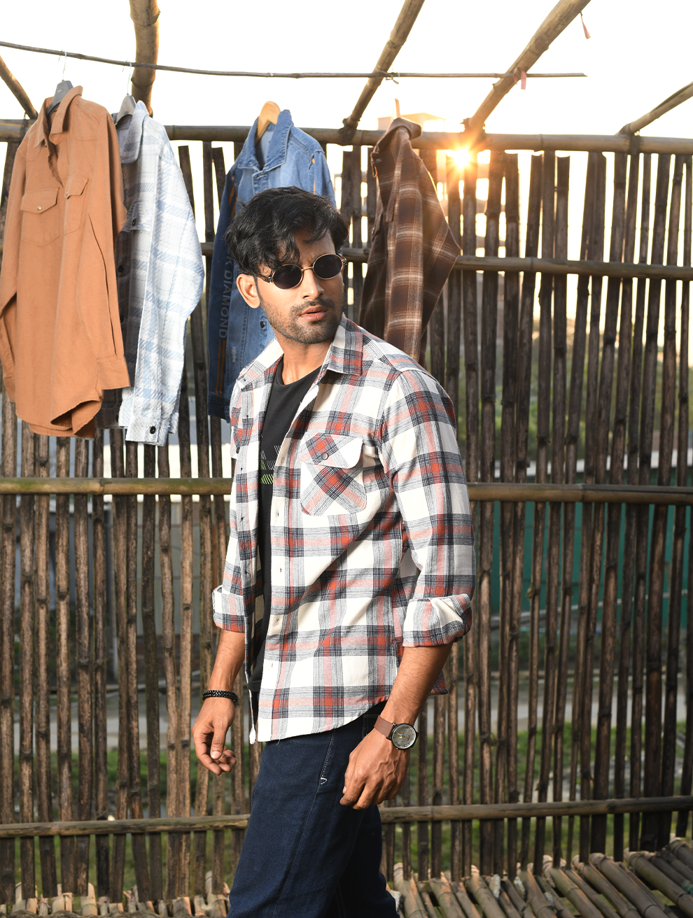 Men’s Cream, Grey & Rust Check Flannel Shirt (WFS-002)