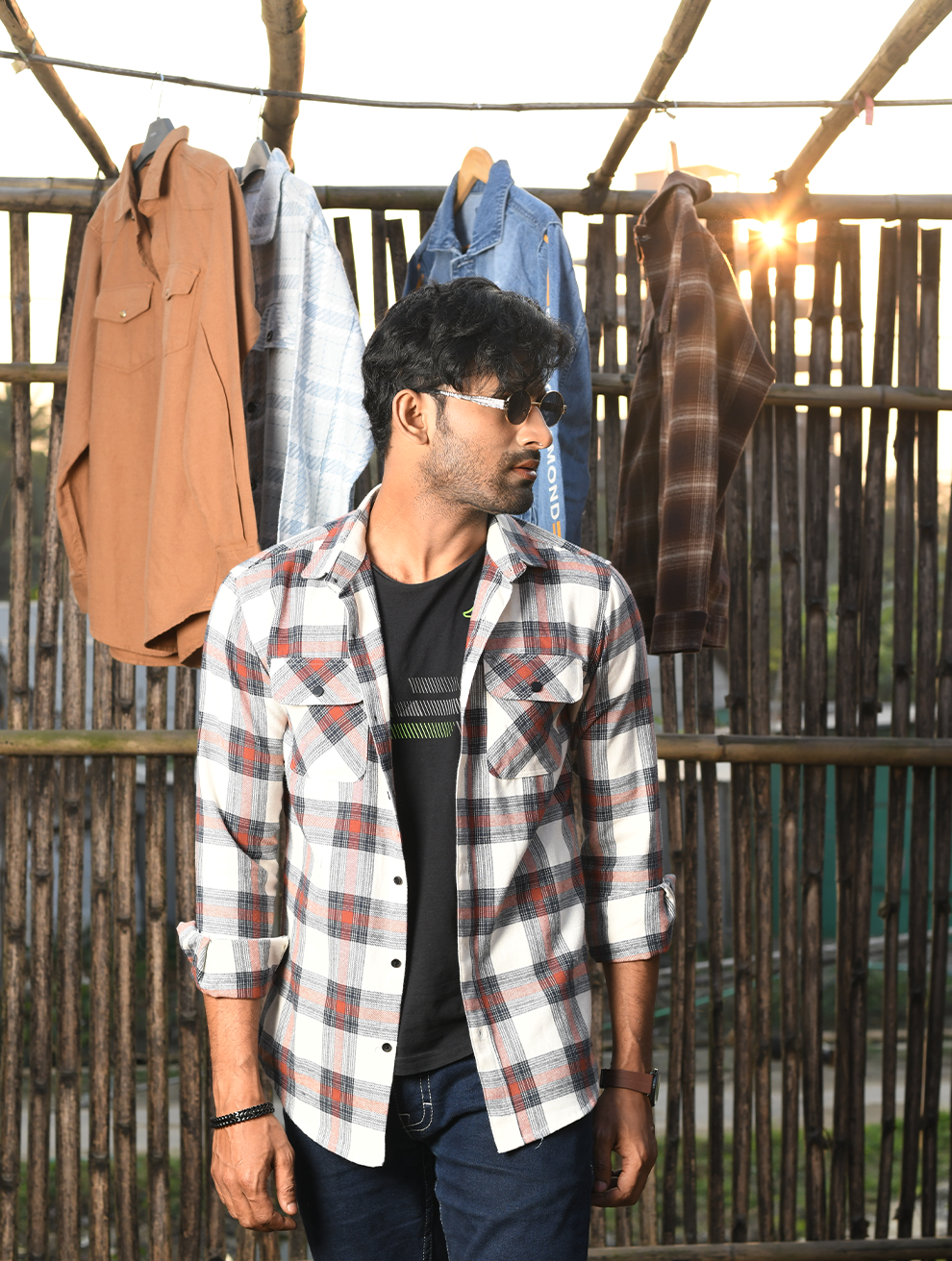 Men’s Cream, Grey & Rust Check Flannel Shirt (WFS-002)