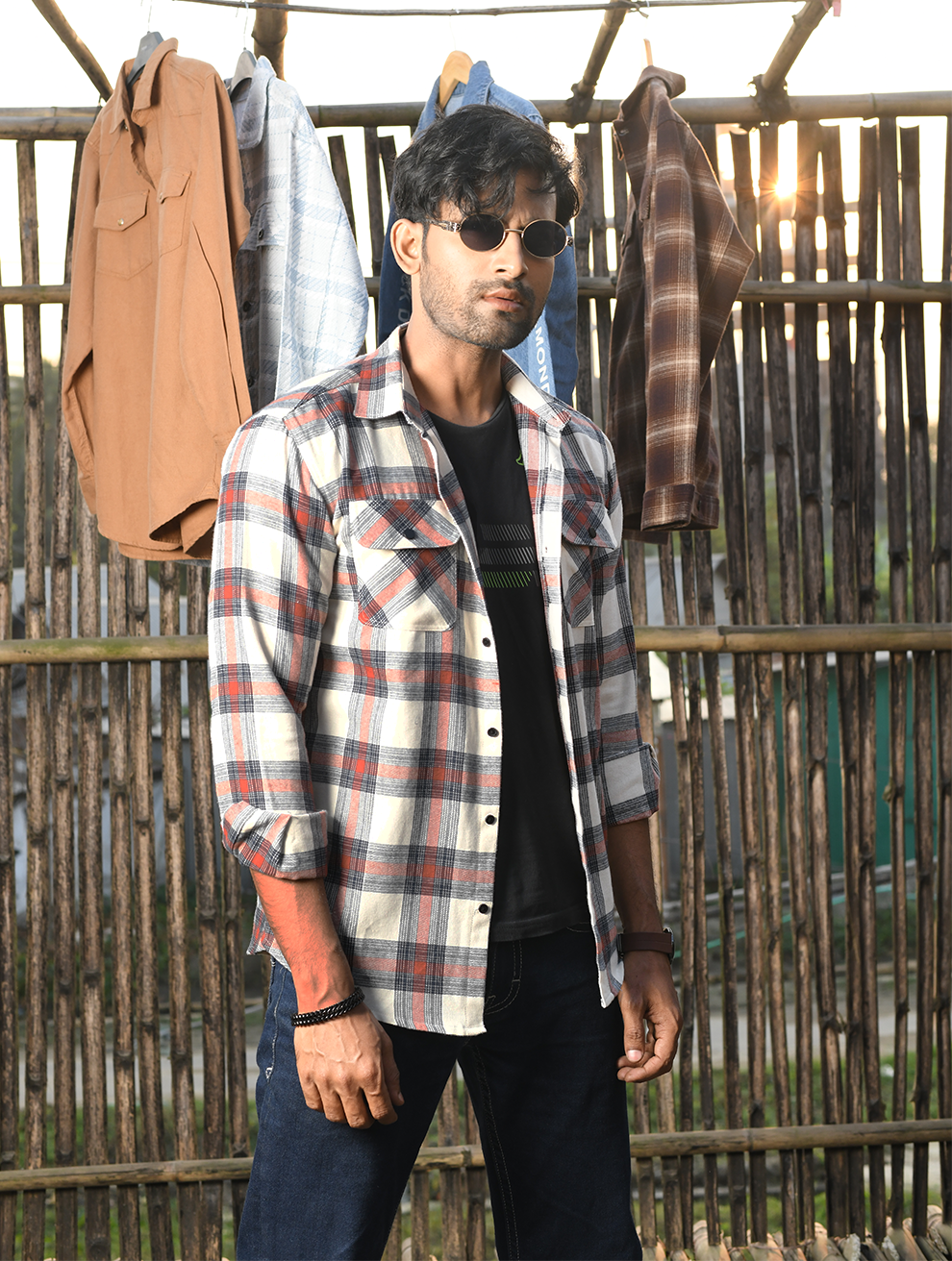 Men’s Cream, Grey & Rust Check Flannel Shirt (WFS-002)