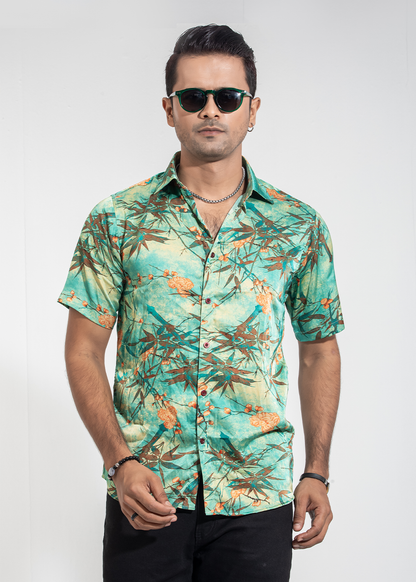 Vibrant Green Floral Half-Sleeve Casual Shirt