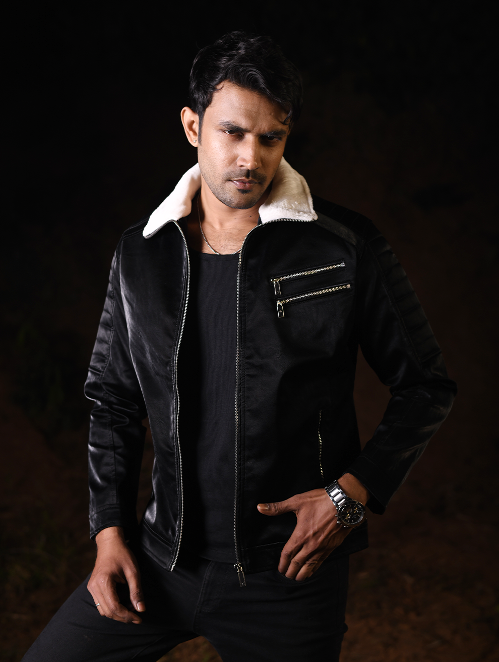 Shadow Black PU Leather Jacket with Luxe Sherpa Collar (PJK-005)