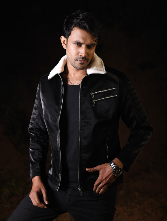 Shadow Black PU Leather Jacket with Luxe Sherpa Collar (PJK-005)