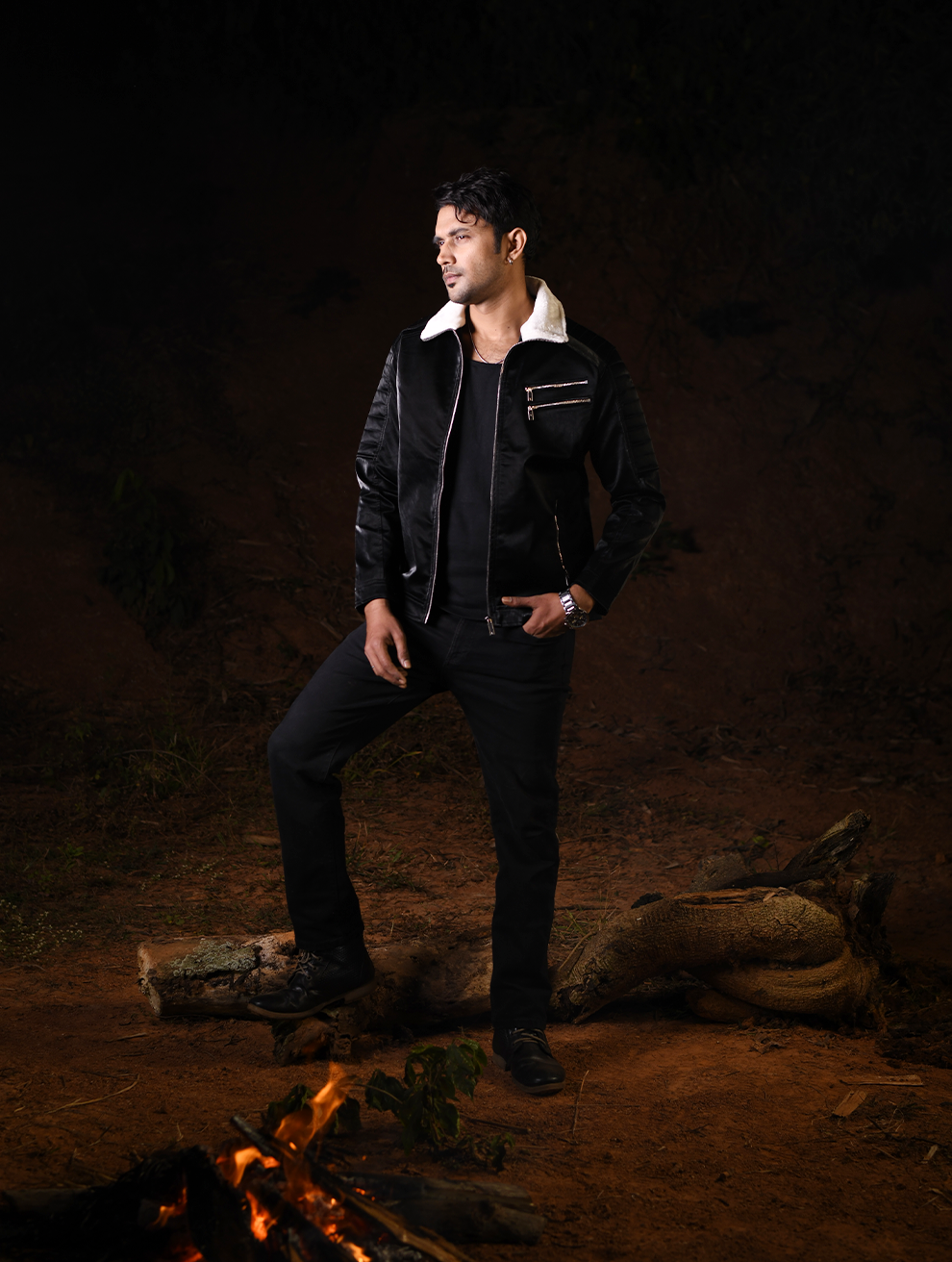 Shadow Black PU Leather Jacket with Luxe Sherpa Collar (PJK-005)