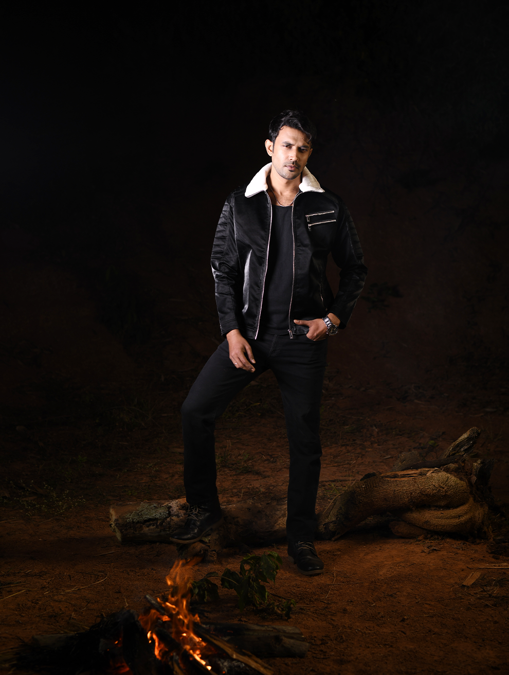 Shadow Black PU Leather Jacket with Luxe Sherpa Collar (PJK-005)