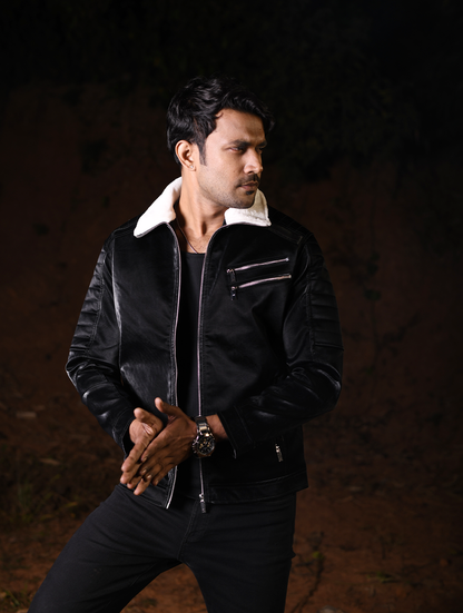 Shadow Black PU Leather Jacket with Luxe Sherpa Collar (PJK-005)