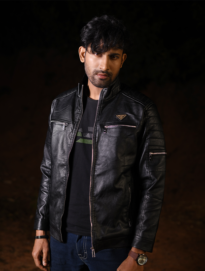 Men’s Classic Black PU Leather Moto Jacket with Stylish Zip Detailing (PJK-003)