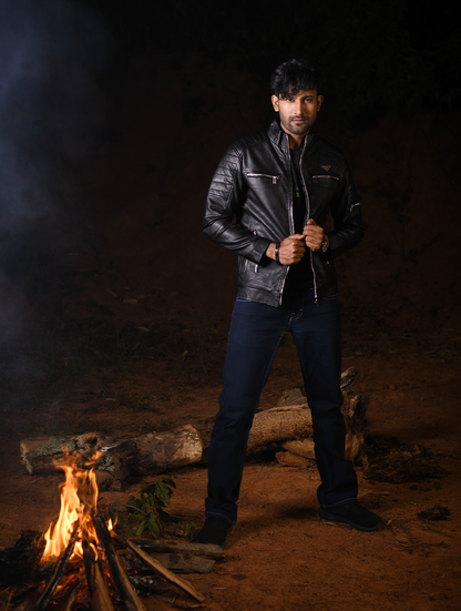 Men’s Classic Black PU Leather Moto Jacket with Stylish Zip Detailing (PJK-003)