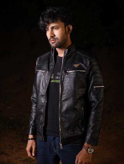 Men’s Classic Black PU Leather Moto Jacket with Stylish Zip Detailing (PJK-003)