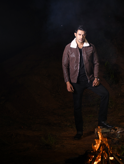 Men’s Stylish PU Leather Jacket with Warm White Sherpa Collar (PJK-004)