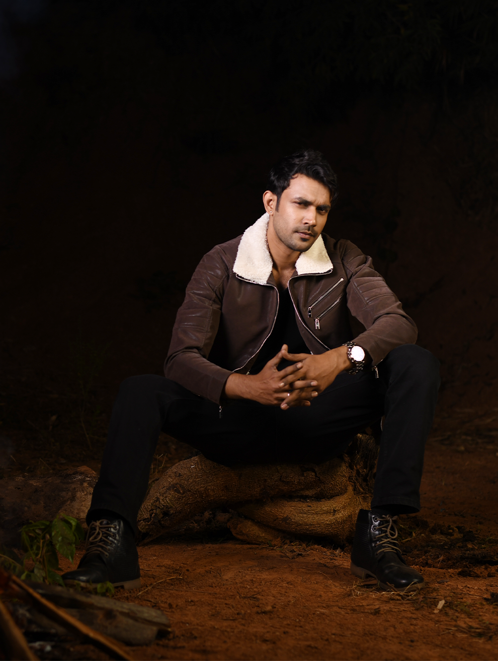 Men’s Stylish PU Leather Jacket with Warm White Sherpa Collar (PJK-004)